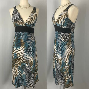 Y2K Midi Dress Size Medium Blue Brown Animal Print Sleeveless Babydoll Stretch